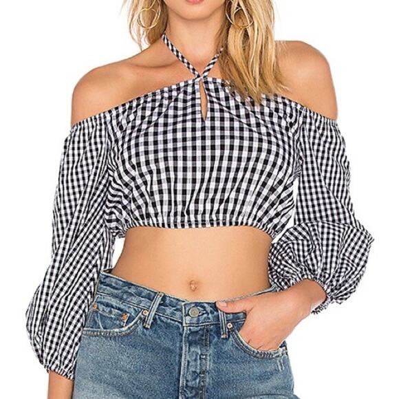 Lovers + Friends x Revolve Women’s Addison Off Shoulder Gingham Black Crop Top - Picture 1 of 12